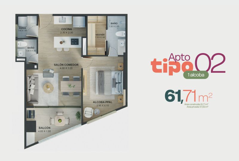 Apto tipo 02, 61.72 m2