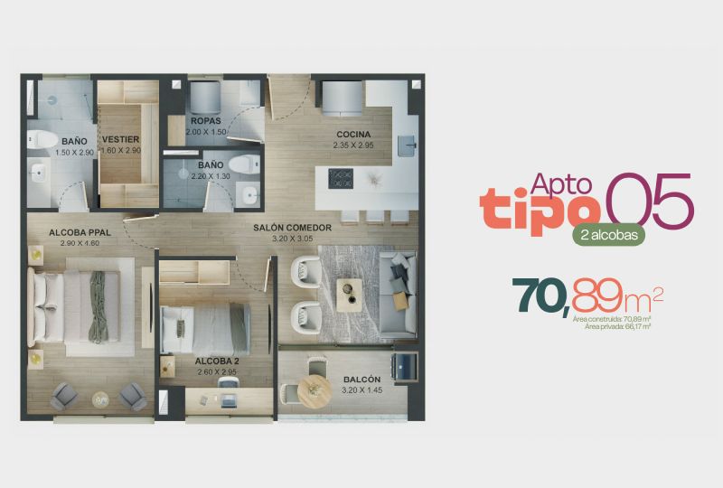 Apto tipo 05, 70.89 m2