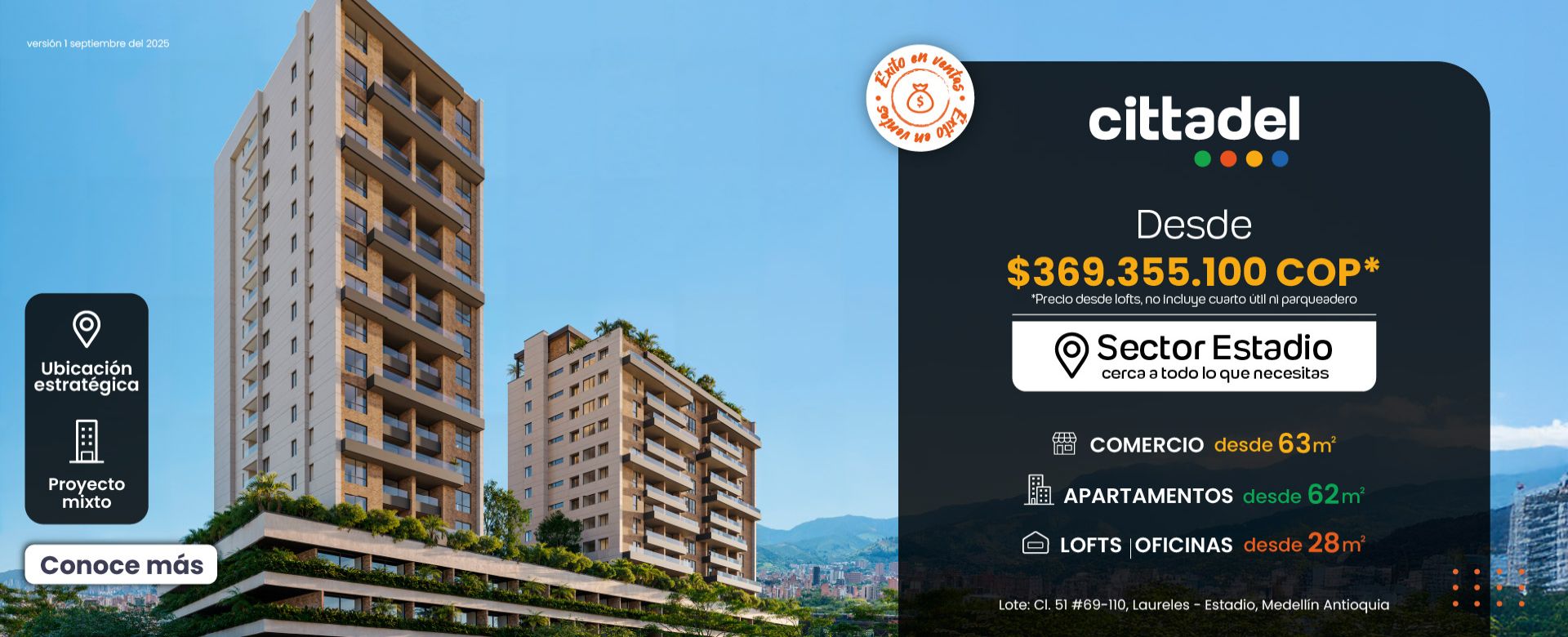 Cittadel: Proyecto mixto en sector Estadio–Laureles con lofts, oficinas y locales comerciales en ubicación estratégica. Espacios ideales para vivienda, rentas cortas o inversión inmobiliaria en Medellín.