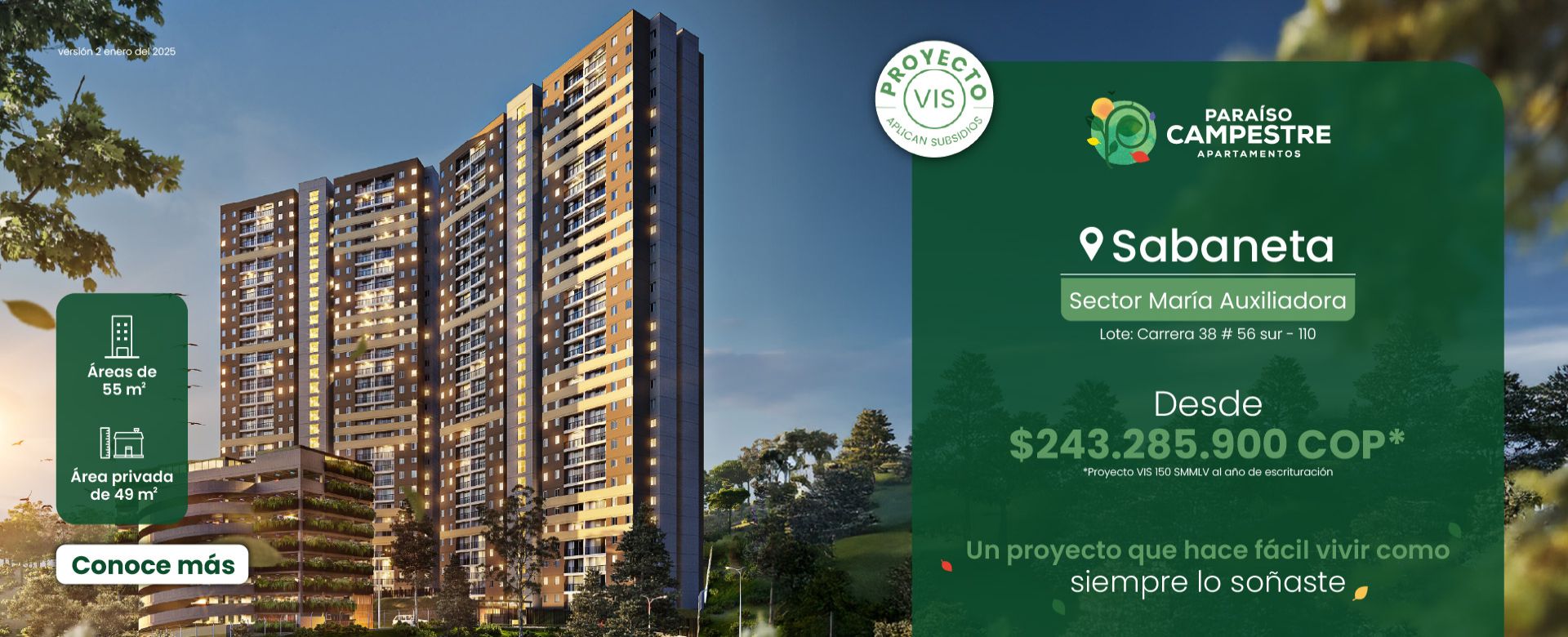 Paraiso campestre: Proyecto VIS en Sabaneta sector María Auxiliadora con entrega proyectada para 2028, ubicado en zona de alta valorización. Apartamentos nuevos ideales para vivienda propia o inversión.