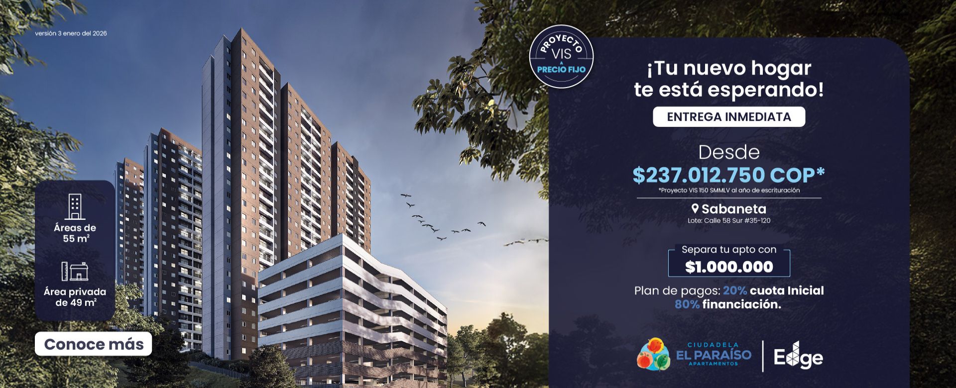 Ciudadela el Paraíso: Proyecto VIS en Sabaneta sector María Auxiliadora con apartamentos en entrega inmediata, ubicado en zona de alta valorización. Vivienda nueva en Sabaneta con excelente ubicación y acceso a servicios.