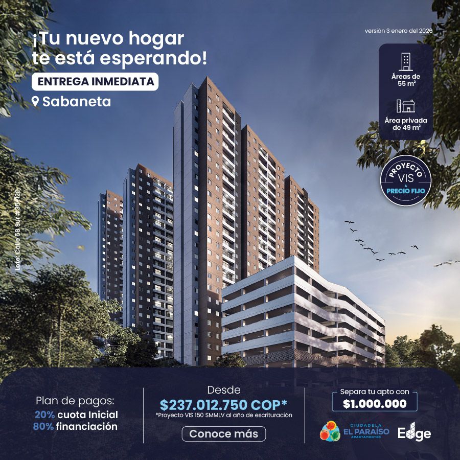 Ciudadela el Paraíso: Proyecto VIS en Sabaneta sector María Auxiliadora con apartamentos en entrega inmediata, ubicado en zona de alta valorización. Vivienda nueva en Sabaneta con excelente ubicación y acceso a servicios.