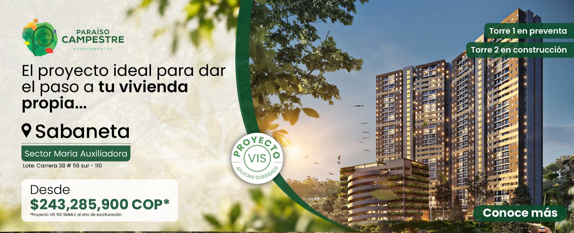 Paraiso campestre: Proyecto VIS en Sabaneta sector María Auxiliadora con entrega proyectada para 2028, ubicado en zona de alta valorización. Apartamentos nuevos ideales para vivienda propia o inversión.